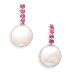 Cultured Freshwater Coin Pearl and Pink Sapphire 14K White Gold Post Earrings