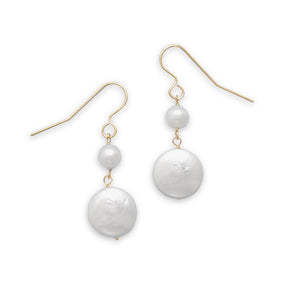 Cultured Freshwater Coin and Round Pearl 14K Yellow Gold French Wire Earrings