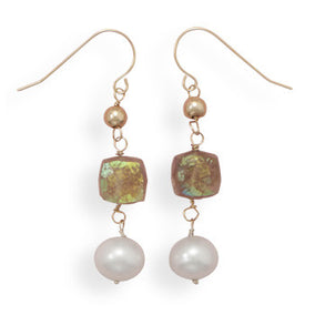 14 Karat Yellow Gold Earrings with Cultured Freshwater Pearl and Quartz