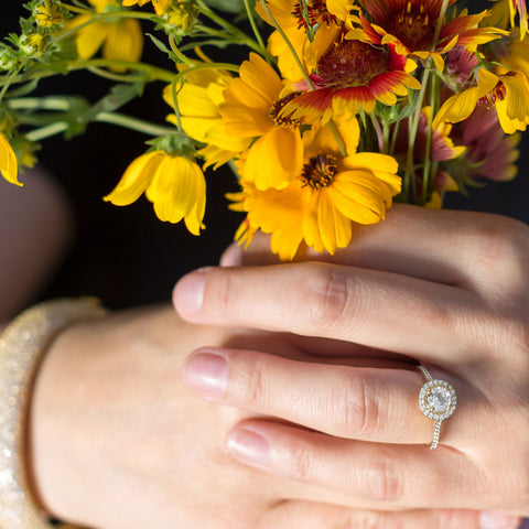 10 Karat Gold Halo Style Ring with White Topaz and Sapphires