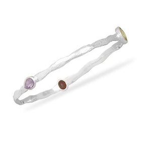 Textured Wave Design Bangle Bracelet with Genuine Stones