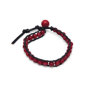 7"+1" Leather and Dyed Coral Bracelet