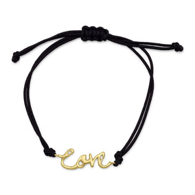 Adjustable Black Cord Bracelet with 14 Karat Gold Plated "Love" Charm