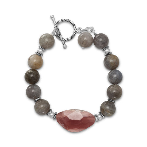 8" Handmade Labradorite and Rhodocrosite Toggle Bracelet