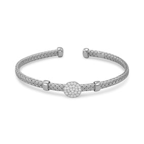 Rhodium Plated Woven Cuff Bracelet with Pave CZ