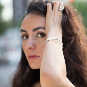 Rhodium Plated Cuff Bracelet with Cultured Freshwater Pearl Ends