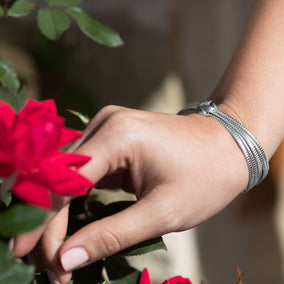 Rhodium Plated 5 Row Cuff Bracelet With Dome Center