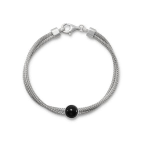 Rhodium Plated Double Mesh Strand and Black Onyx Bracelet