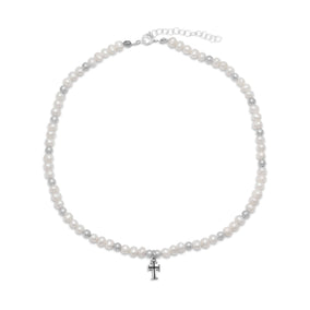 13" +2" Extension White Cultured Freshwater Pearl and Silver Bead Necklace with Cross Drop