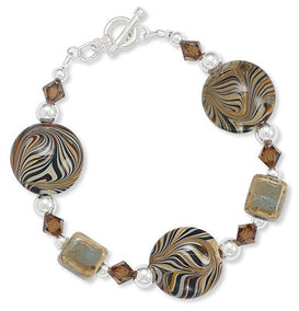 7.5" Ceramic and Brown Swirl Glass Bead Toggle Bracelet with Austrian Crystals
