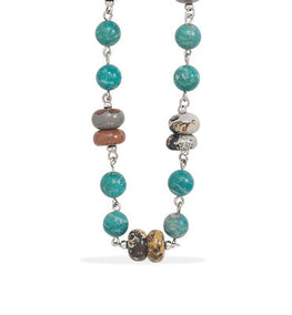 25" Rhodium Plated Necklace with Amazonite and Jasper Beads