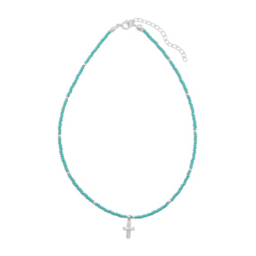 13"+2" Extension Turquoise Glass Bead Necklace with Cross Charm