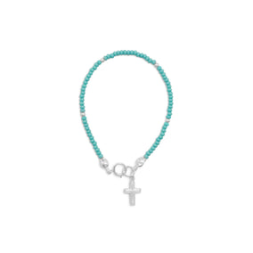 5.5" Turquoise Glass Bead Bracelet with Cross Charm