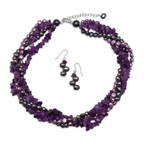 Amethyst and Cultured Freshwater Pearl Necklace and Earring Set