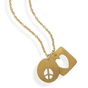16"+2" 14 Karat Gold Plated Necklace with Heart and Peace Sign Tag