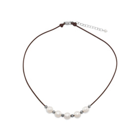16"+2" Leather and Cultured Freshwater Pearl Necklace