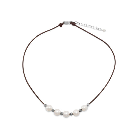 16"+2" Leather and Cultured Freshwater Pearl Necklace