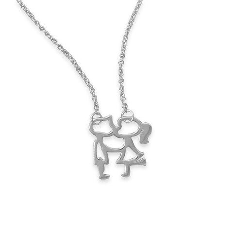 18" Rhodium Plated Kissing Girl and Boy Necklace