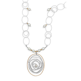24" Two Tone Link Necklace with Cultured Freshwater Pearls