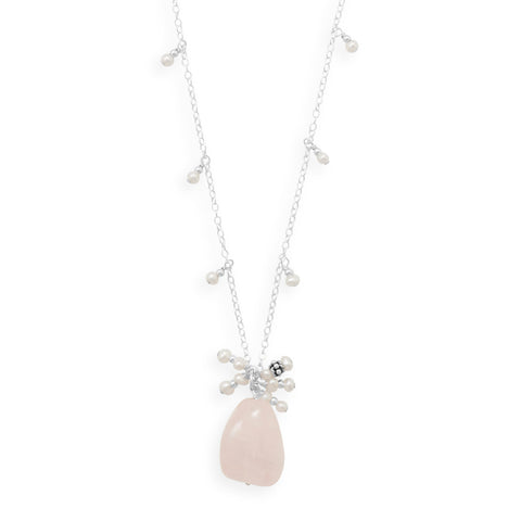 16" Handmade Necklace with Rose Quartz Nugget and Pearls