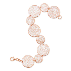 7" 14 Karat Rose Gold Plated Bracelet with Filigree Disc Design