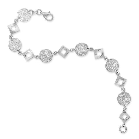Rhodium Plated Filigree Disc and Diamond Shaped Link Bracelet
