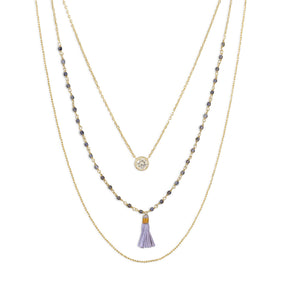 Triple Strand 14 Karat Gold Plated Necklace with Tassle and CZ