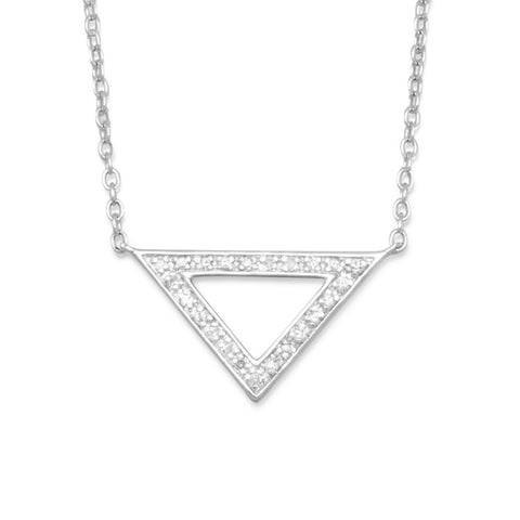 Rhodium Plated Open Triangle Necklace with Diamonds