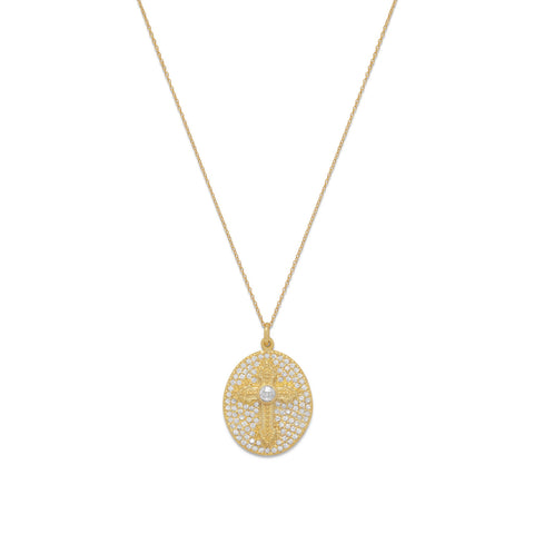14 Karat Gold Plated Pave CZ Cross Necklace