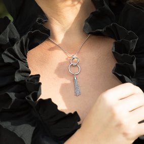Rhodium Plated Interlocking Ring and Tassel Drop Necklace