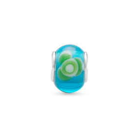 Aqua Glass Bead with Green and White Floral Design