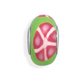 Green Bead with Pink and White Floral Design