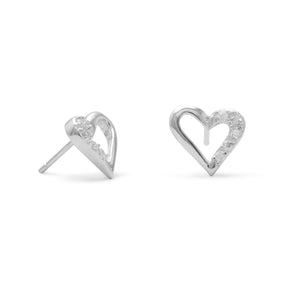 Rhodium Plated CZ/Polished Open Heart Post Earrings