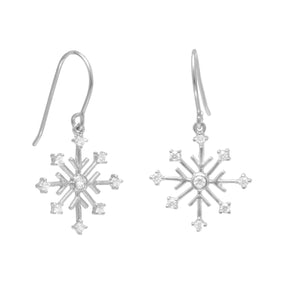Rhodium Plated 8 Point Snowflake Earrings with 9 CZs on French Wire