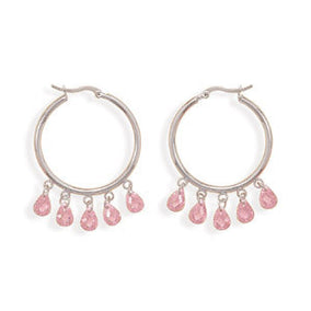 Rhodium Plated Hoop Earrings with 5 Pink CZ Drops