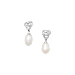 Rhodium Plated Love Knot Earrings with Cultured Freshwater Pearl Drop