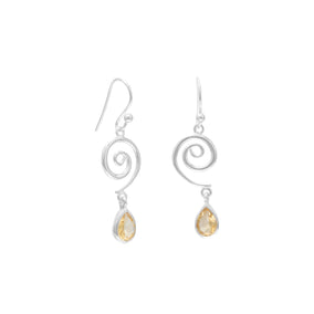 Swirl Design French Wire Earrings with Faceted Citrine Drop