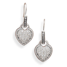 CZ Heart Earrings with Oxidized Rope Edge