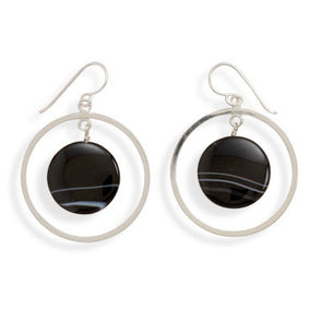 Open Circle French Wire Earrings with Banded Black Onyx Disc