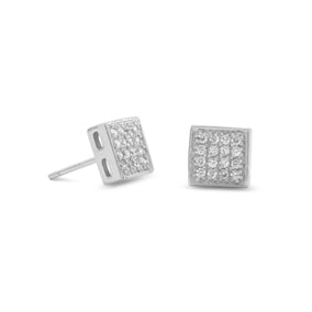 Rhodium Plated Square Pave CZ Earrings