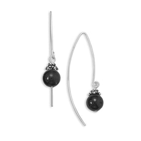 8mm Black Onyx Bead Long Wire Earrings