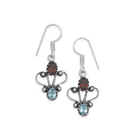 Oxidized Garnet and Blue Topaz Earrings