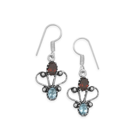 Oxidized Garnet and Blue Topaz Earrings