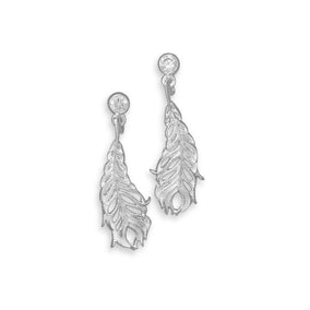 CZ Post Earrings with Sterling Silver Feather Drop