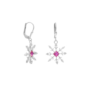 Rhodium Plated Snowflake Earrings with Clear and Red CZ