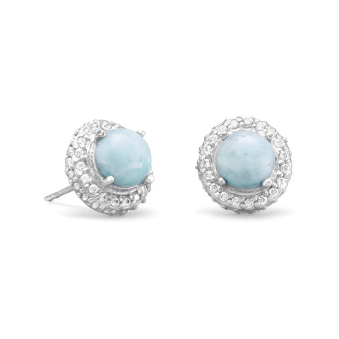Rhodium Plated Round Larimar and CZ Earrings