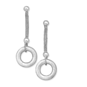 Rhodium Plated Brushed Ring Drop Earrings