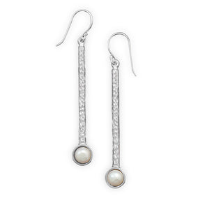 Textured Rhodium Plated Stick Earrings with Cultured Freshwater Pearls