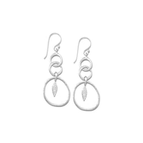 Rhodium Plated Triple Ring Earrings with Diamond Shape Drop