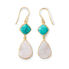 14K Gold Plated Earrings with Stabilized Turquoise and Druzy